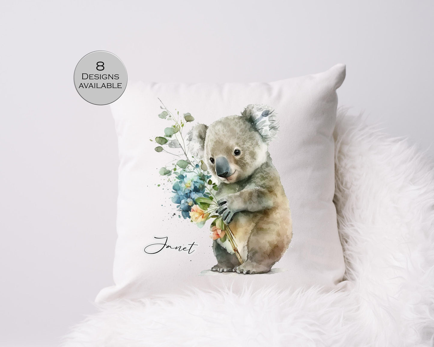 Personalised Watercolour Floral Koala Bear Cushion | Custom Animal Gift | Koala Lover Pillow