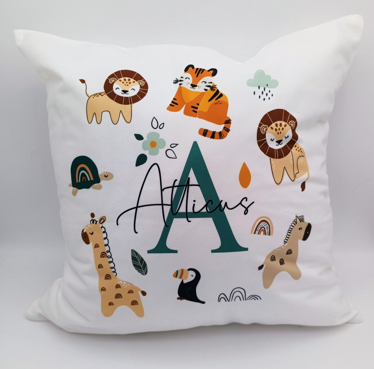Personalised Jungle Safari Animal Cushion | Custom Kids Nursery Pillow | Wildlife Gift for Children