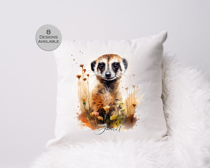 Personalised Watercolour Floral Meerkat Cushion | Custom Name Gift | Meerkat Lover Pillow