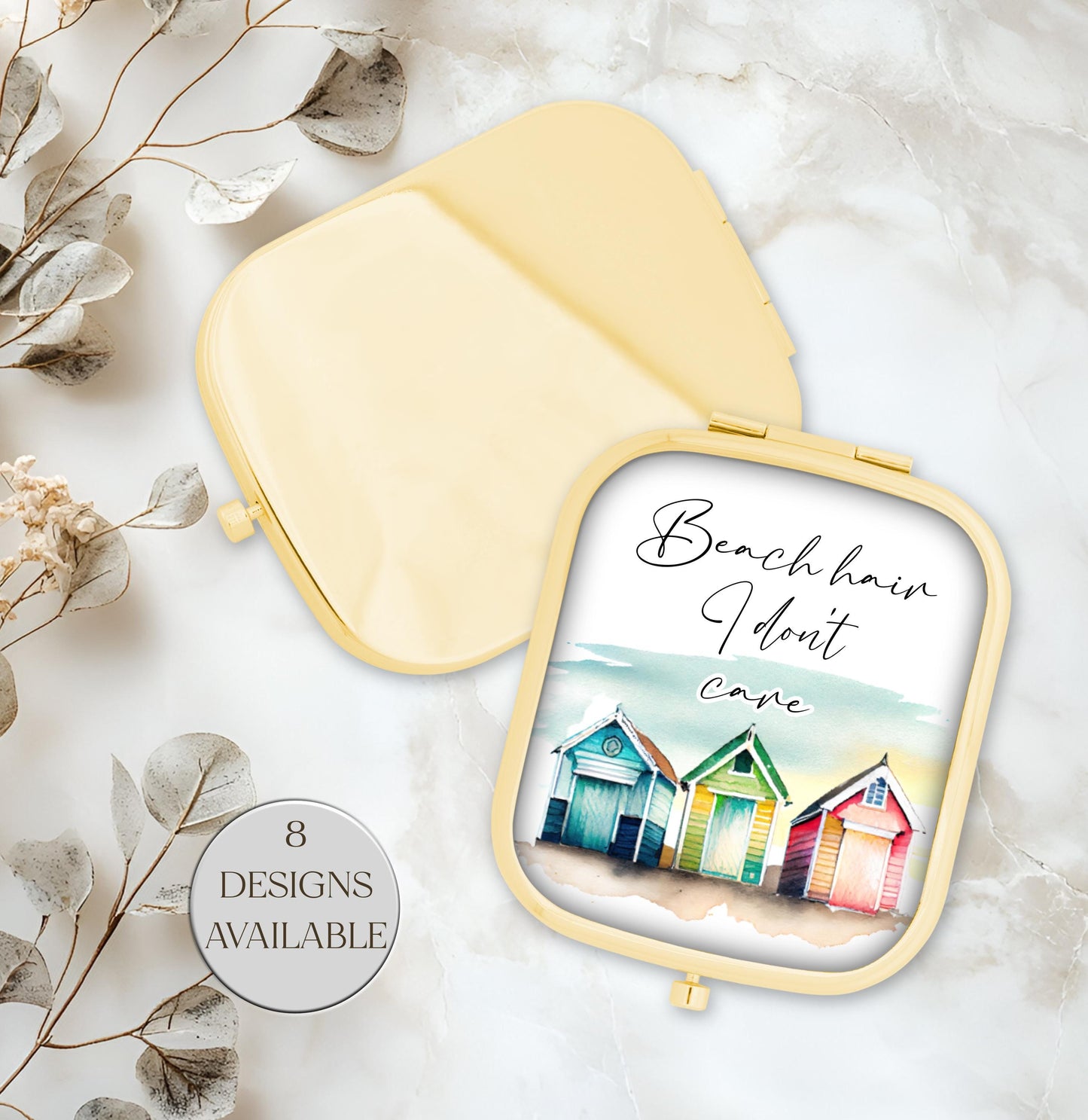 Personalised Beach Hut Compact Mirror | Rose Gold or Yellow Gold | Custom Gift for Her