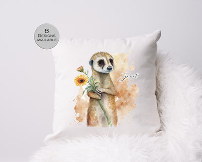 Personalised Watercolour Floral Meerkat Cushion | Custom Name Gift | Meerkat Lover Pillow