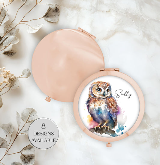 Personalised Watercolour Owl Compact Mirror – Rose Gold or Yellow Gold | Custom Handbag Gift