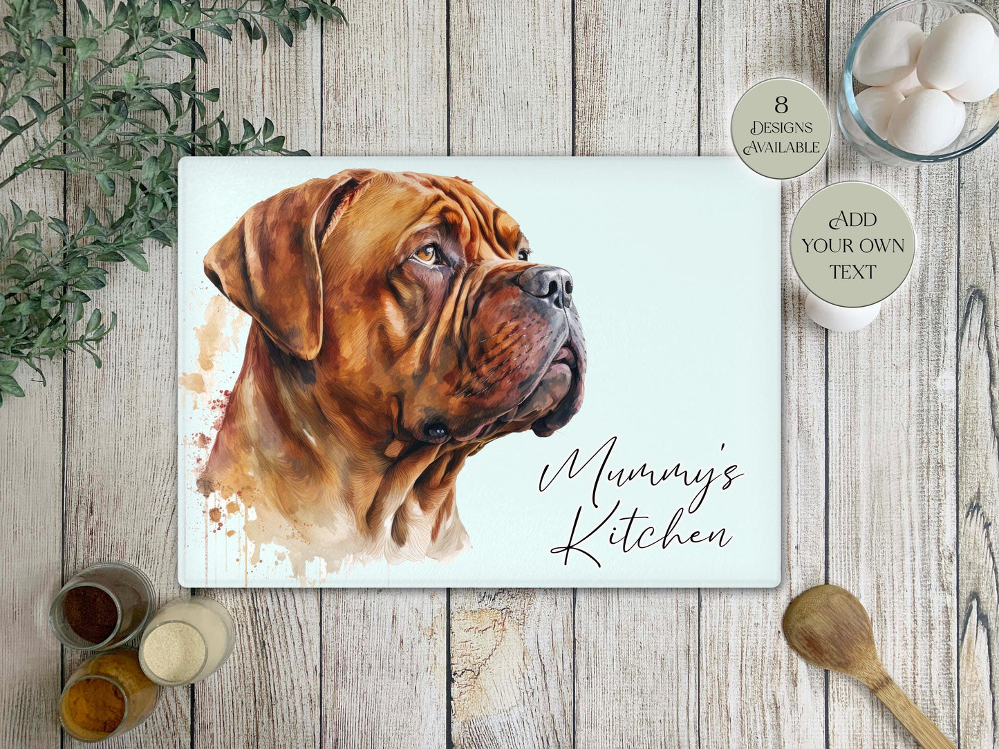 Personalised Dogue de Bordeaux Glass Chopping Board | A3 or A4 | Dog Lover Gift