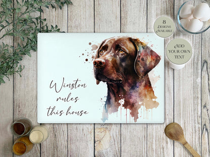 Personalised Chocolate Labrador Glass Chopping Board | A3 or A4 | Dog Lover Gift