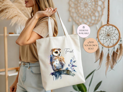 Personalised Watercolour Owl Tote Bag | Custom Owl Gift | Eco-Friendly Reusable Shopper