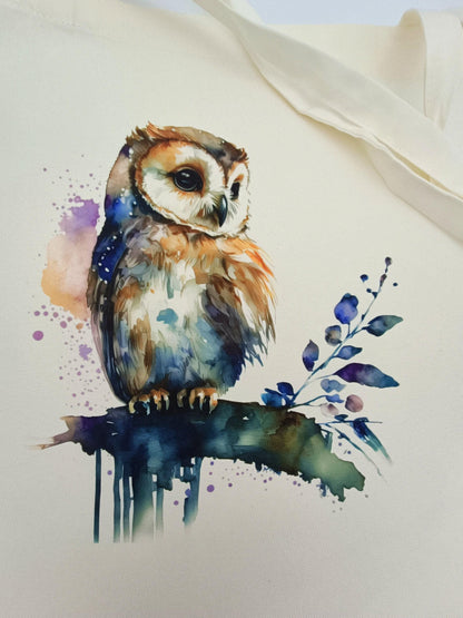 Personalised Watercolour Owl Tote Bag | Custom Owl Gift | Eco-Friendly Reusable Shopper