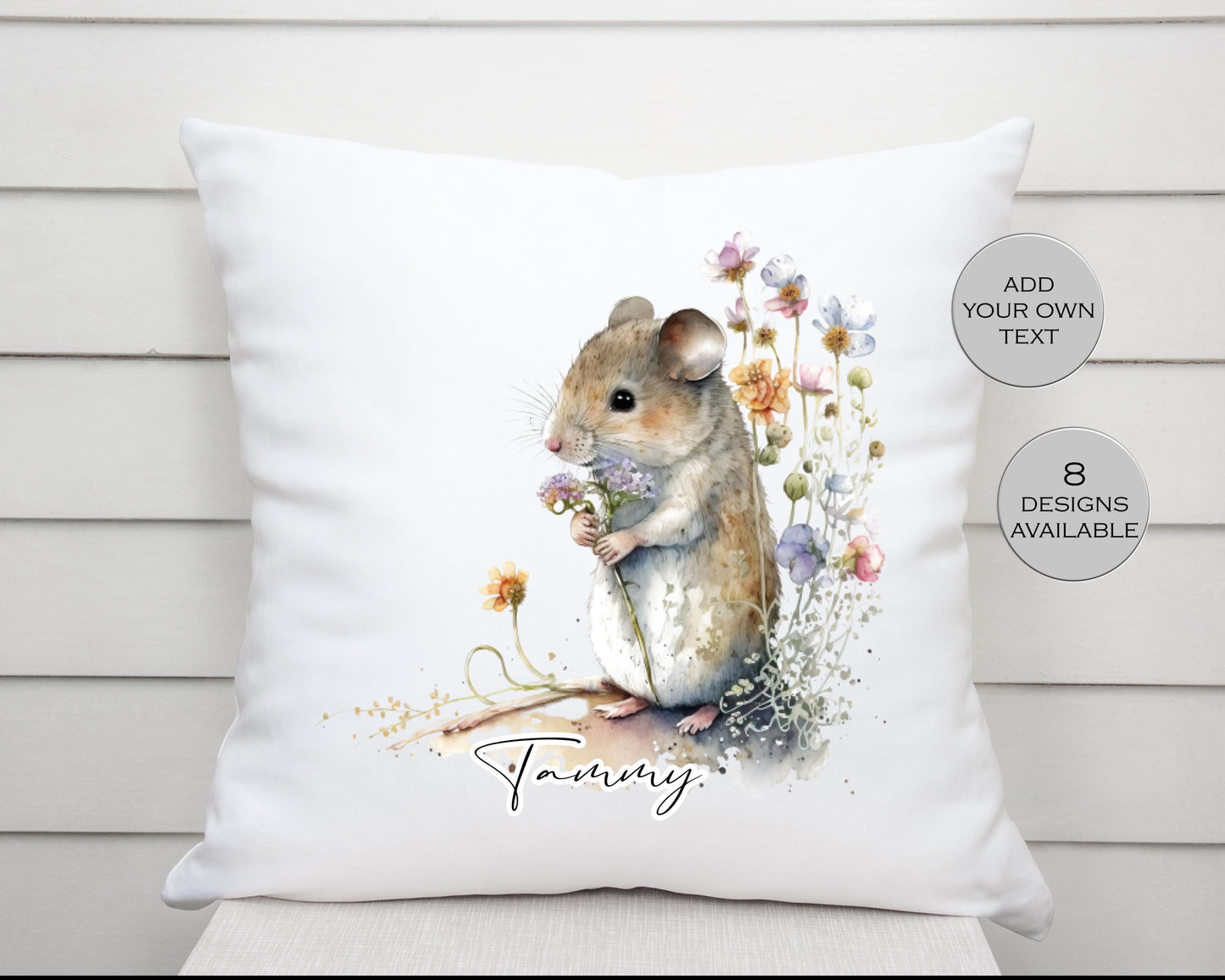 Personalised Watercolour Floral Mouse Cushion | Custom Name Gift for Her | Mouse Lover Pillow
