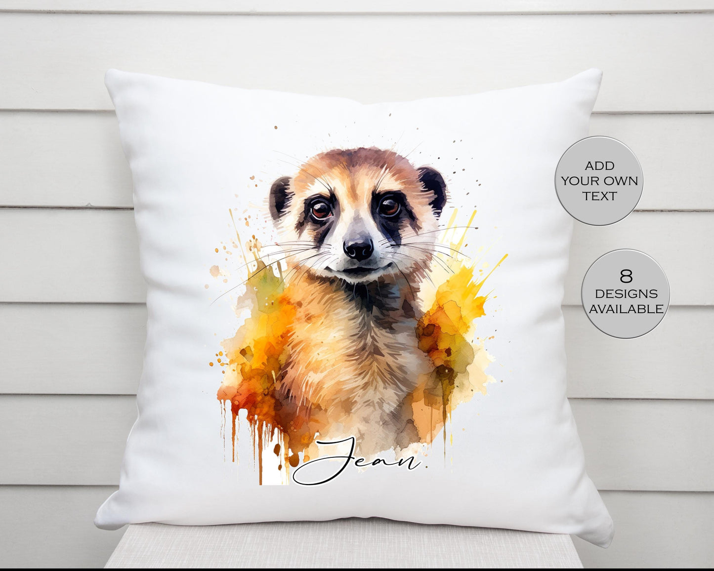 Personalised Watercolour Floral Meerkat Cushion | Custom Name Gift | Meerkat Lover Pillow