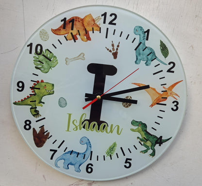 Personalised Dinosaur Wall Clock | Glass | Kids' Room Décor