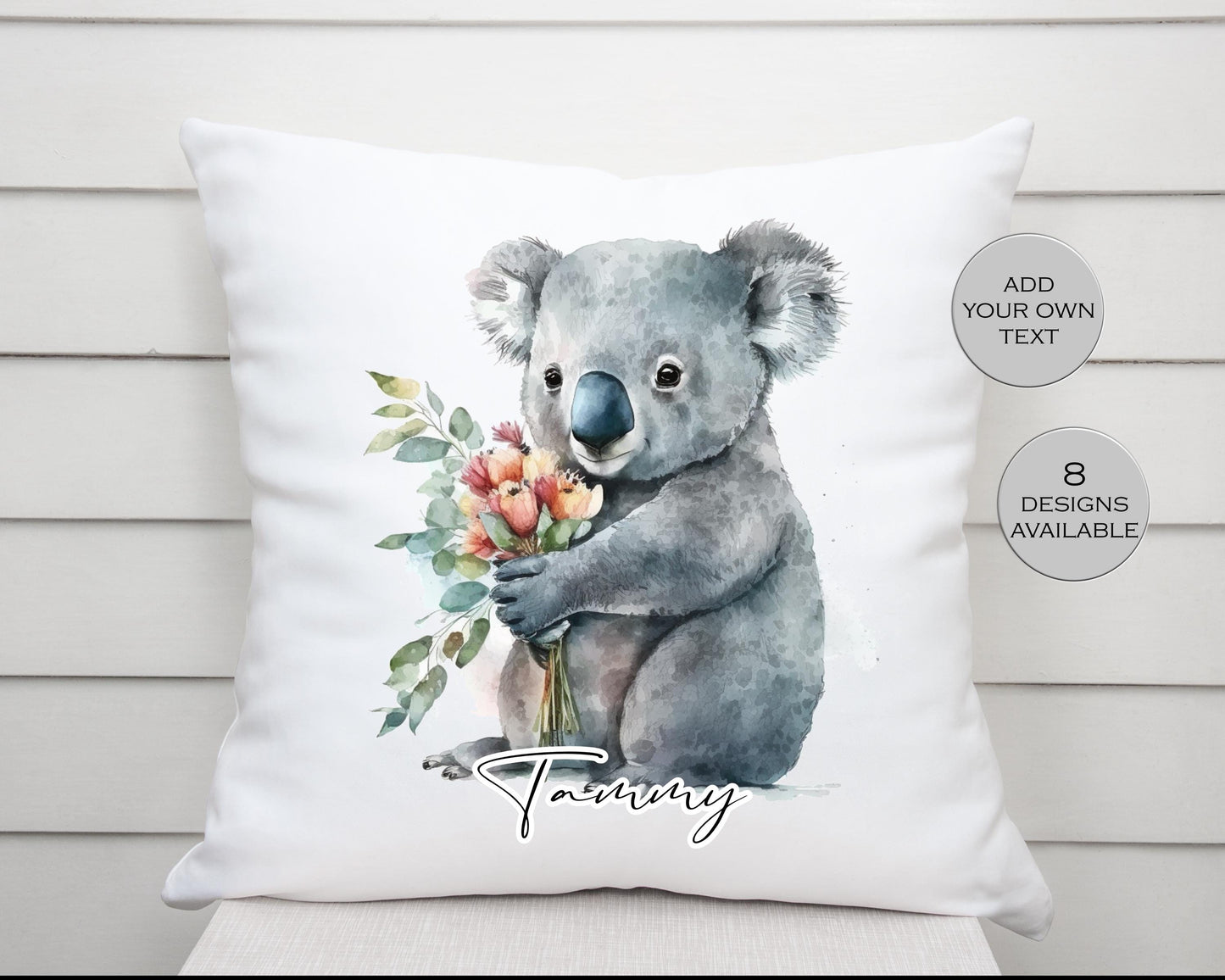 Personalised Watercolour Floral Koala Bear Cushion | Custom Animal Gift | Koala Lover Pillow