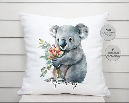 Personalised Watercolour Floral Koala Bear Cushion | Custom Animal Gift | Koala Lover Pillow