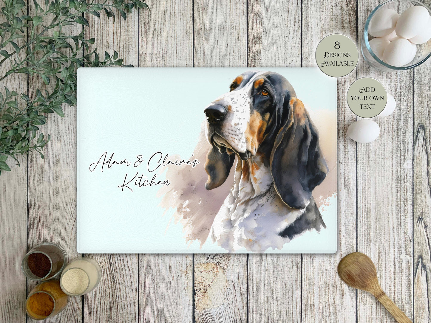 Personalised Basset Hound Glass Chopping Board | A3 or A4 | Dog Lover Gift