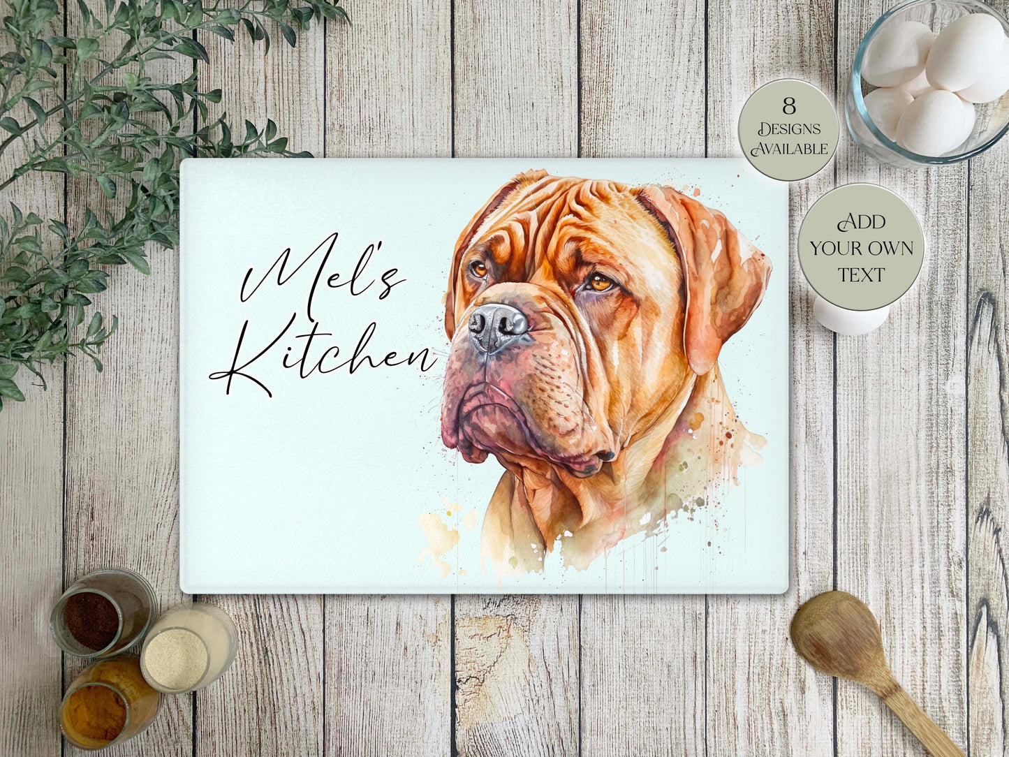 Personalised Dogue de Bordeaux Glass Chopping Board | A3 or A4 | Dog Lover Gift
