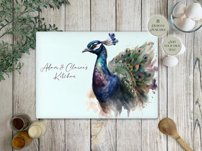 Personalised Peacock Glass Chopping Board | Custom Cheese Board | Housewarming Gift for Her