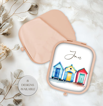 Personalised Beach Hut Compact Mirror | Rose Gold or Yellow Gold | Custom Gift for Her