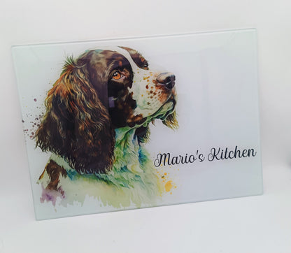 Personalised Springer Spaniel Glass Chopping Board – Dog Lover Kitchen Gift | Cheese Board & Worktop Saver