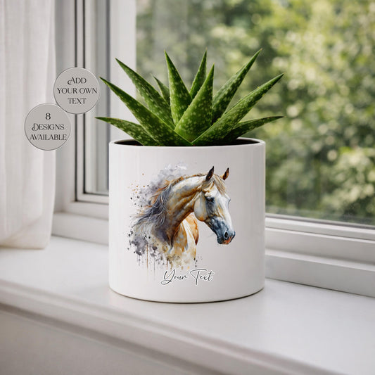 Personalised Horse Plant Pot – Watercolour Equestrian Gift | Custom Horse Lover Planter