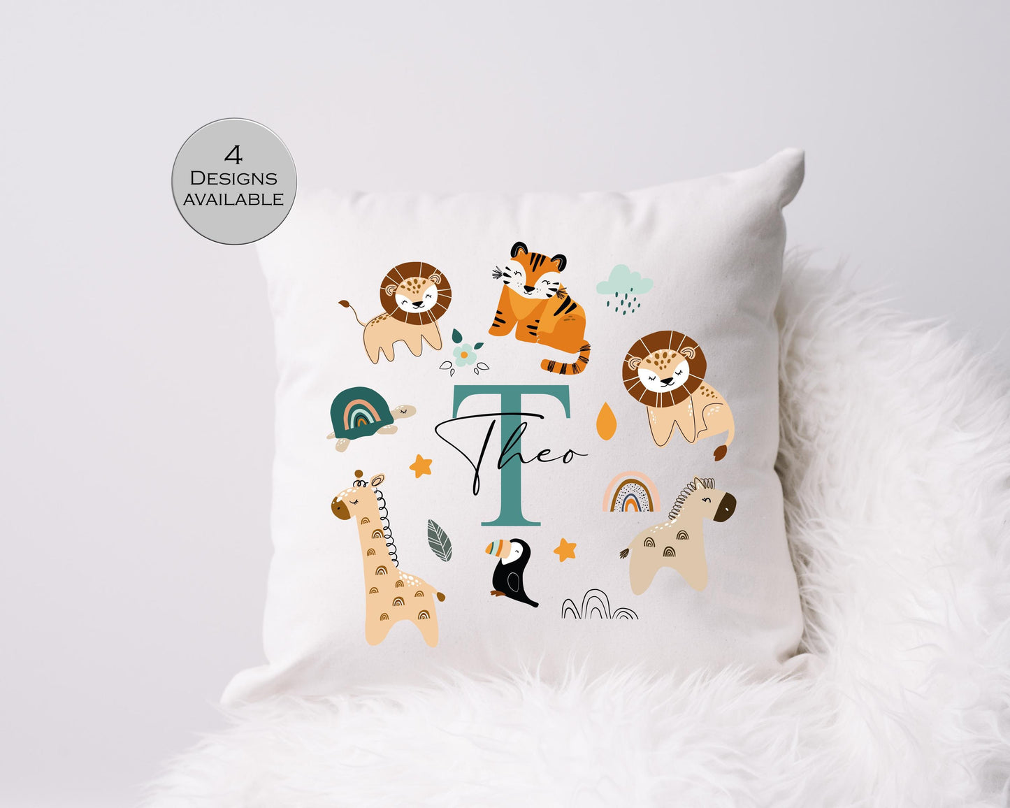 Personalised Jungle Safari Animal Cushion | Custom Kids Nursery Pillow | Wildlife Gift for Children