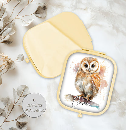 Personalised Watercolour Owl Compact Mirror – Rose Gold or Yellow Gold | Custom Handbag Gift