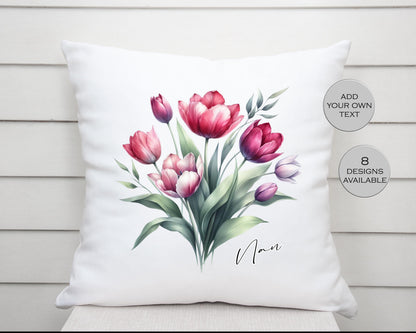 Personalised Watercolour Tulip Cushion | Custom Floral Throw Pillow | Gift for Her