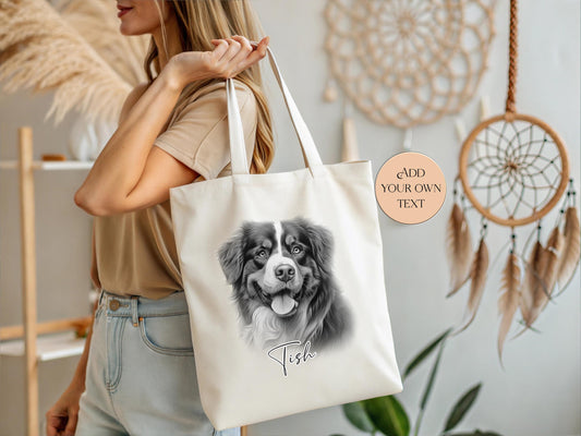 Personalised Bernese Mountain Dog Tote Bag | Sketched Dog Lover Gift | Custom Long Handle Shopper