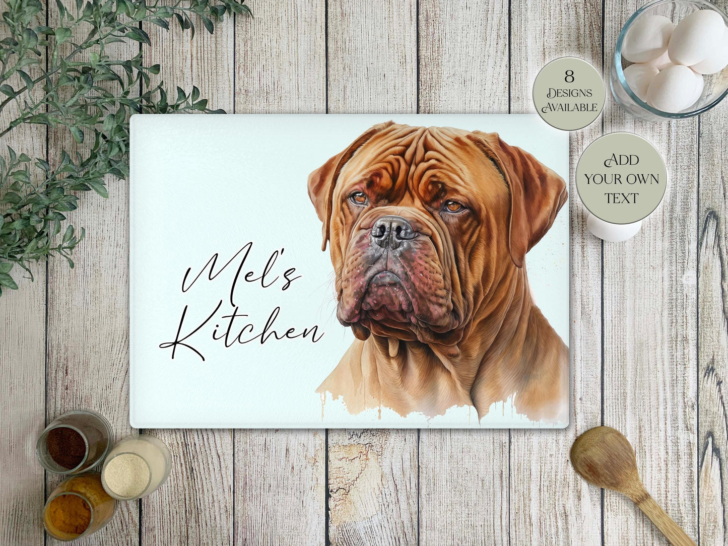 Personalised Dogue de Bordeaux Glass Chopping Board | A3 or A4 | Dog Lover Gift