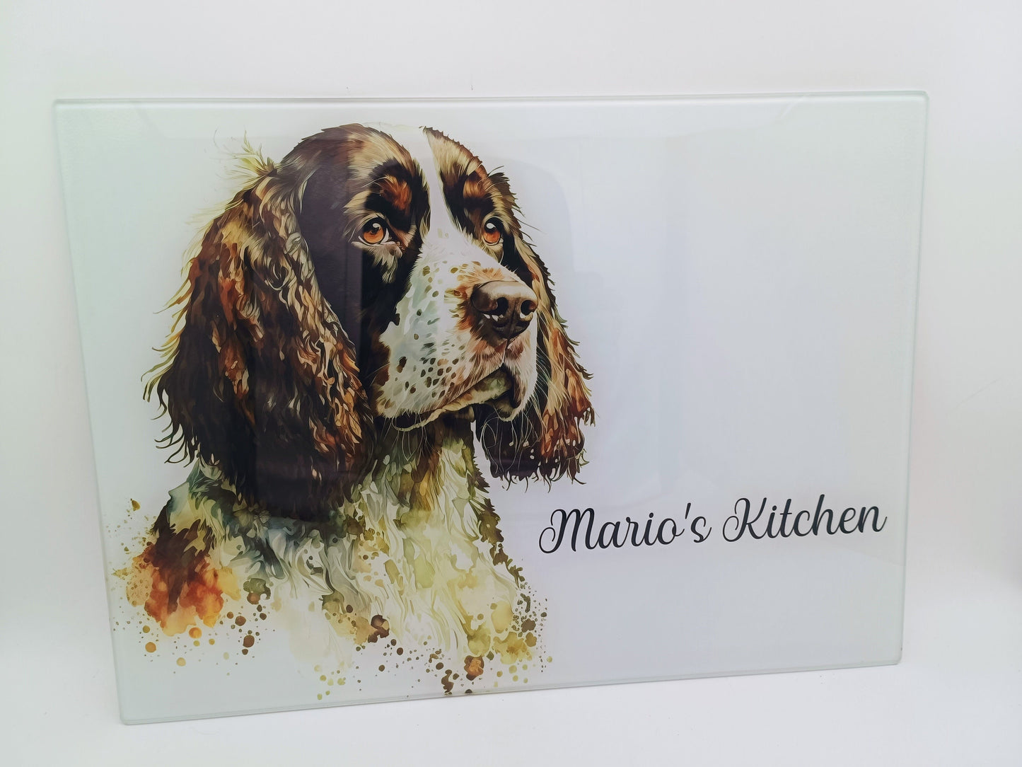 Personalised Springer Spaniel Glass Chopping Board – Dog Lover Kitchen Gift | Cheese Board & Worktop Saver