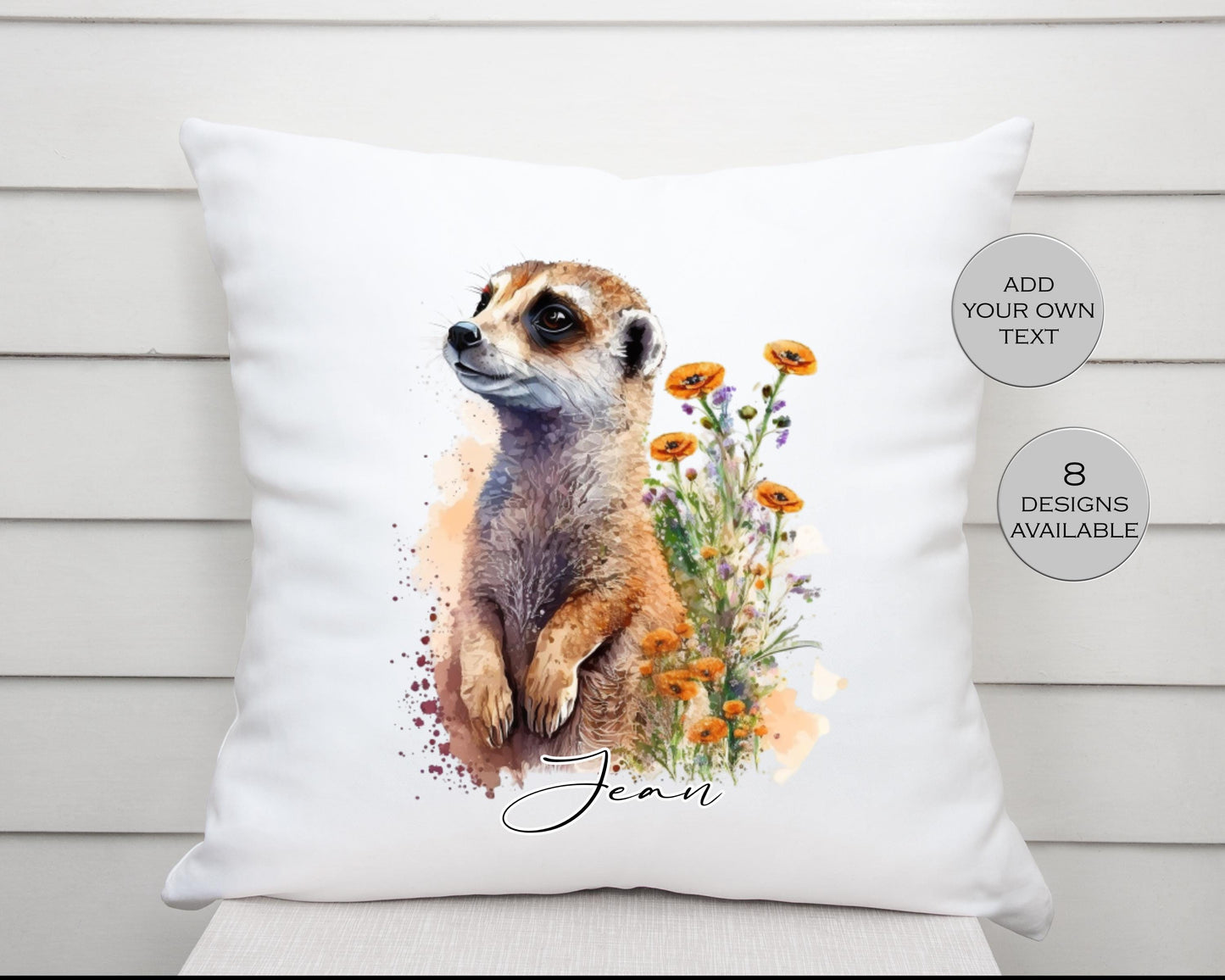 Personalised Watercolour Floral Meerkat Cushion | Custom Name Gift | Meerkat Lover Pillow