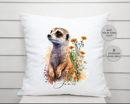 Personalised Watercolour Floral Meerkat Cushion | Custom Name Gift | Meerkat Lover Pillow