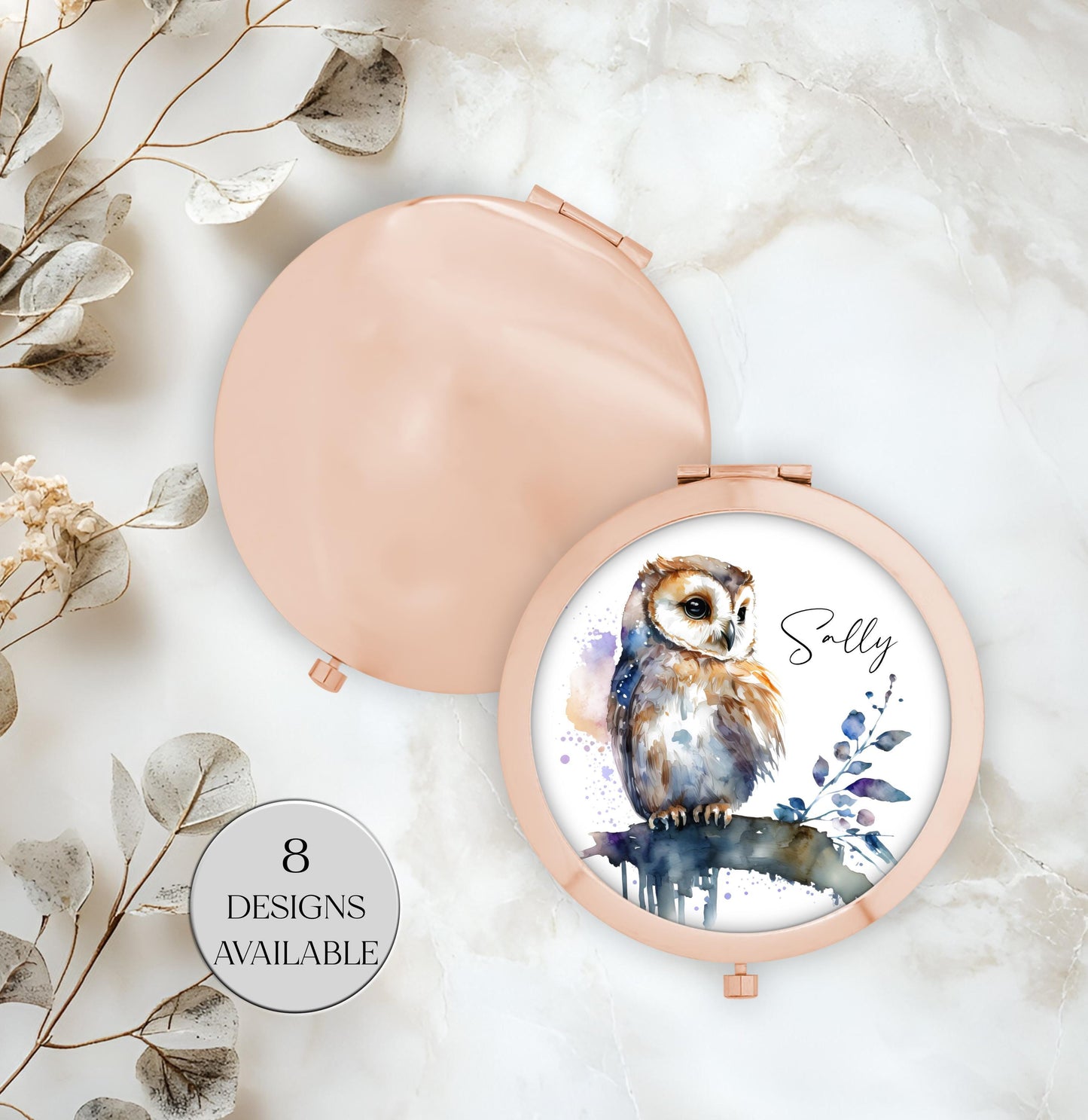 Personalised Watercolour Owl Compact Mirror – Rose Gold or Yellow Gold | Custom Handbag Gift