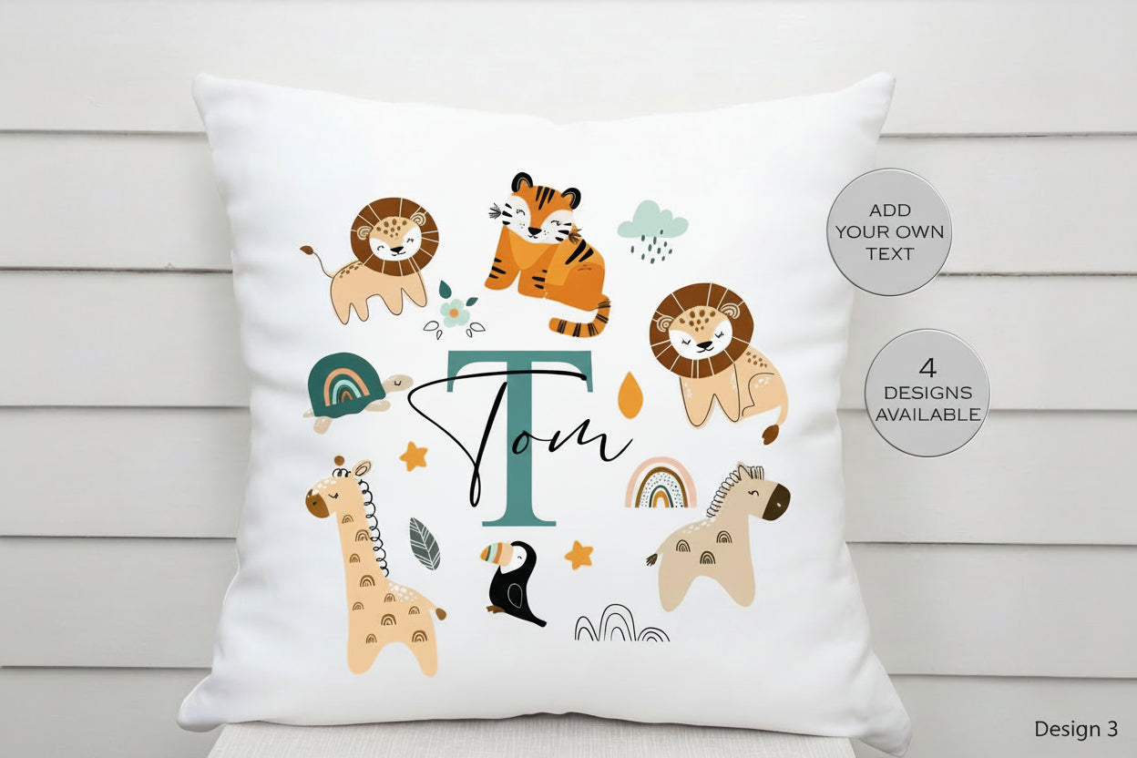 Personalised Jungle Safari Animal Cushion | Custom Kids Nursery Pillow | Wildlife Gift for Children
