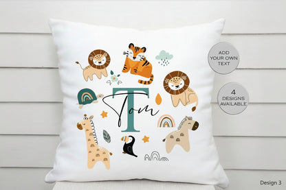 Personalised Jungle Safari Animal Cushion | Custom Kids Nursery Pillow | Wildlife Gift for Children