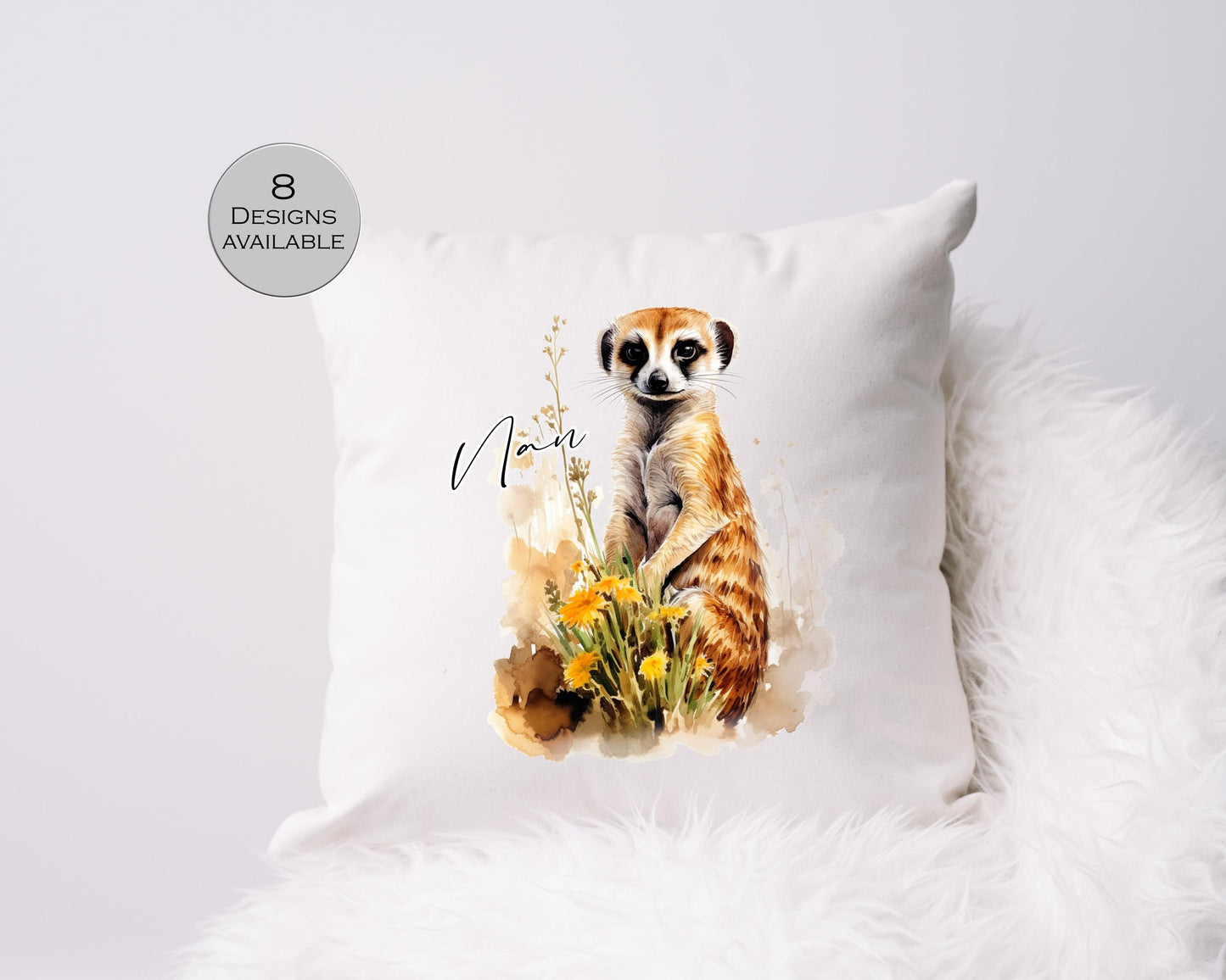 Personalised Watercolour Floral Meerkat Cushion | Custom Name Gift | Meerkat Lover Pillow