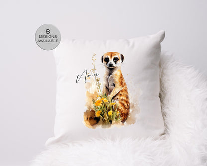 Personalised Watercolour Floral Meerkat Cushion | Custom Name Gift | Meerkat Lover Pillow