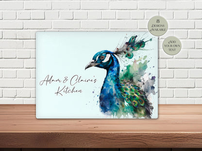 Personalised Peacock Glass Chopping Board | Custom Cheese Board | Housewarming Gift for Her