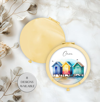 Personalised Beach Hut Compact Mirror | Rose Gold or Yellow Gold | Custom Gift for Her