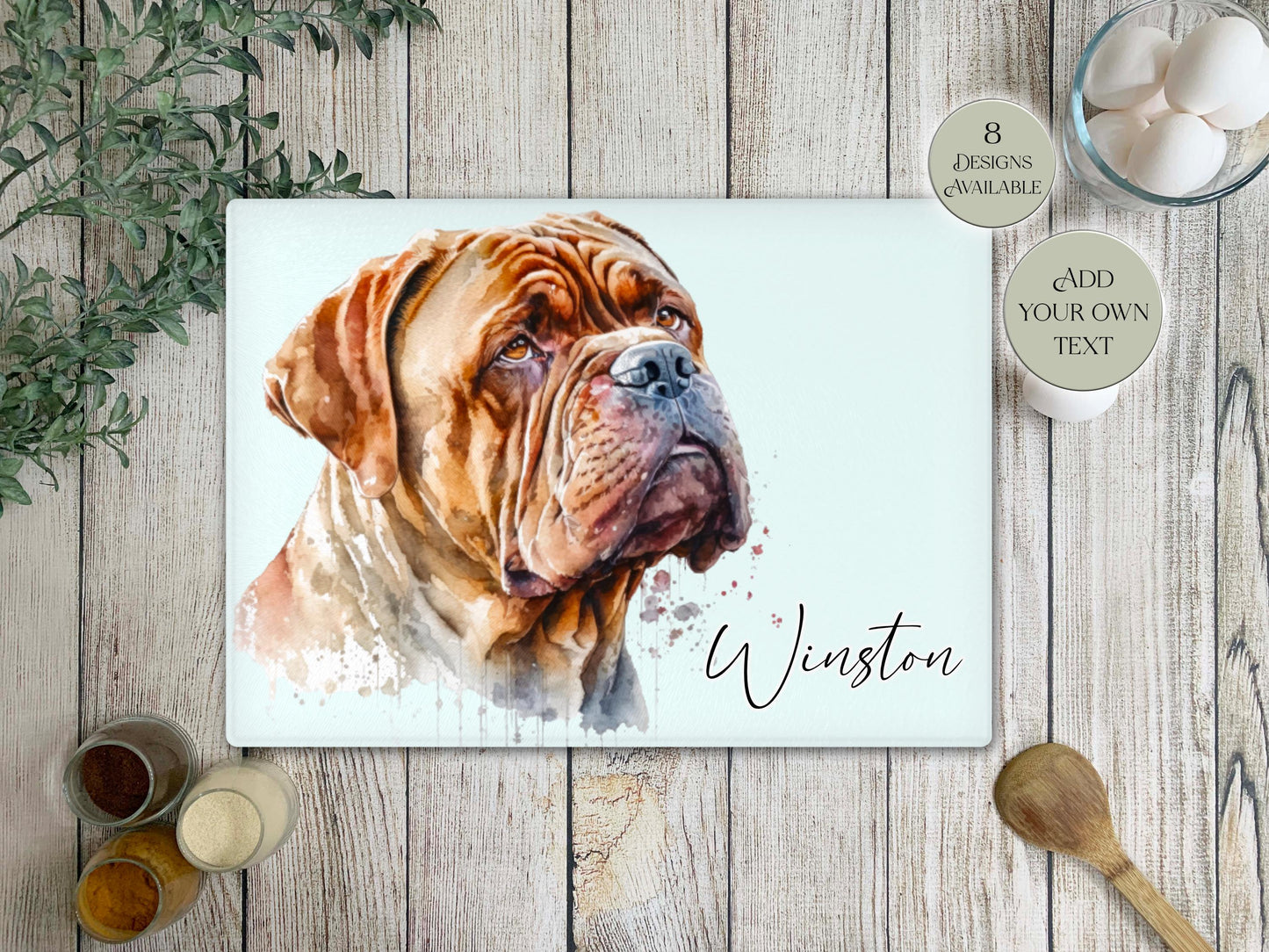 Personalised Dogue de Bordeaux Glass Chopping Board | A3 or A4 | Dog Lover Gift