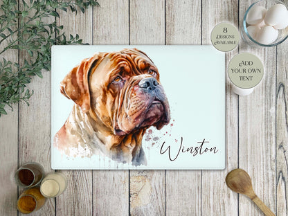 Personalised Dogue de Bordeaux Glass Chopping Board | A3 or A4 | Dog Lover Gift
