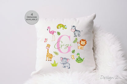 Personalised Jungle Safari Animal Cushion | Custom Kids Nursery Pillow | Wildlife Gift for Children