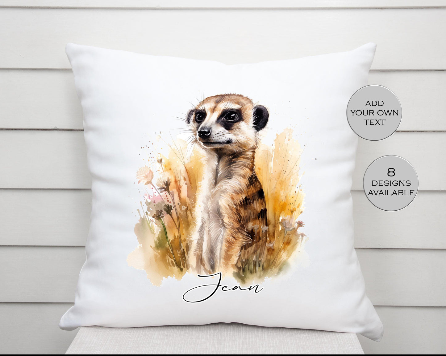 Personalised Watercolour Floral Meerkat Cushion | Custom Name Gift | Meerkat Lover Pillow
