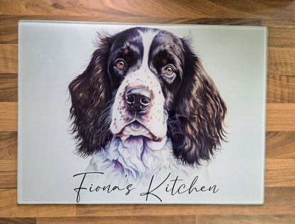 Personalised Springer Spaniel Glass Chopping Board – Dog Lover Kitchen Gift | Cheese Board & Worktop Saver